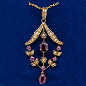 Art Nouveau garnet and pearl gold pendant on gold chain