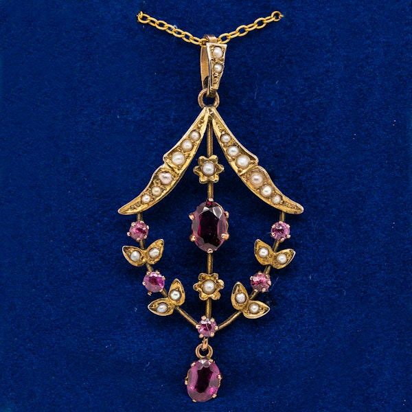 Art Nouveau garnet and pearl gold pendant on gold chain - image 1