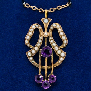 Art Nouveau amethyst and pearl gold pendant on gold chain