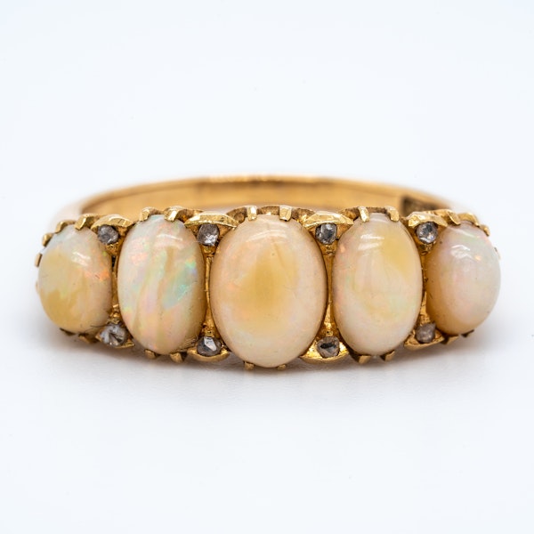 Victorian half  hoop 5 stone opal and diamond points ring - image 1