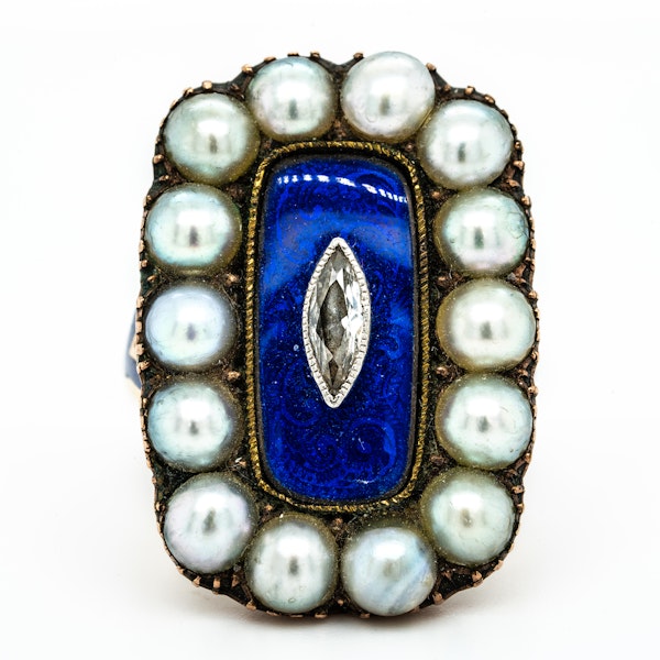 Victorian diamond, pearl and blue enamel large oval ring - image 1