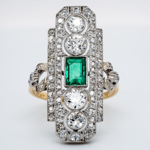 Art Deco emerald and diamond tablet ring
