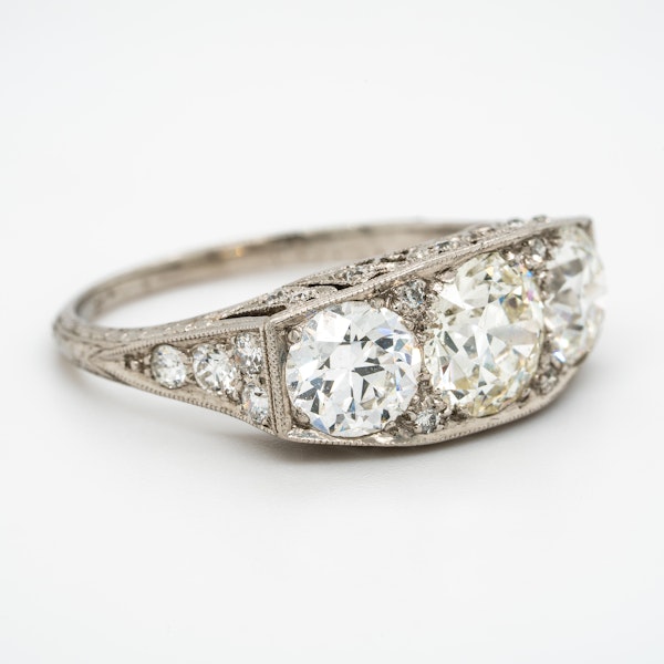 Platinum set Art Deco large 3 stone ring  with diamond studded mount - image 2