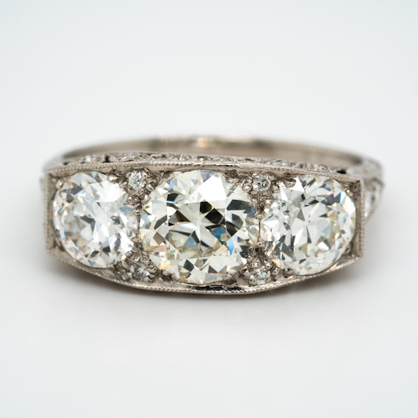 Platinum set Art Deco large 3 stone ring  with diamond studded mount - image 1
