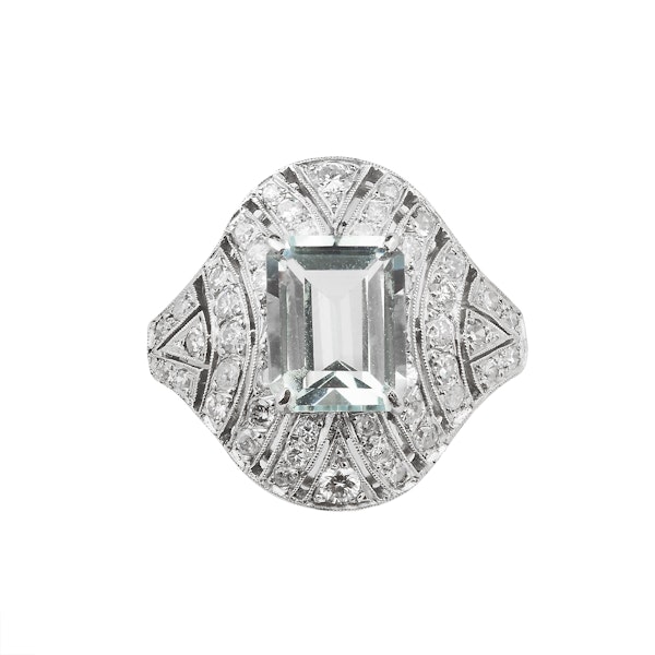 Art Deco Platinum, Diamond & Aquamarine Ring - image 1
