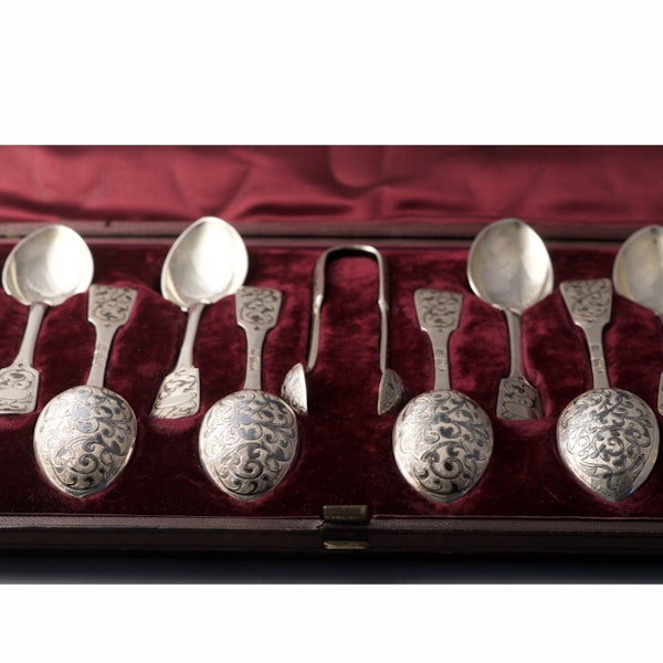 Date Moscow 1866 & 1867, Russian Silver Niello Spoons & Sugar Tongs, SHAPIRO & Co since1979 - image 4
