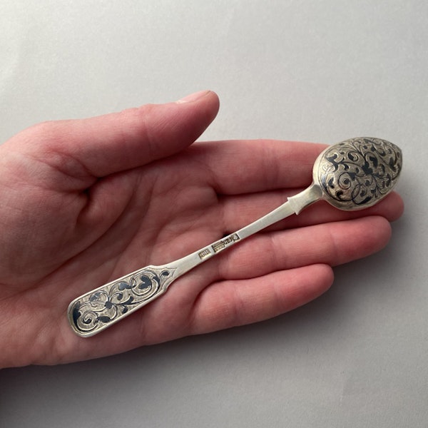 Date Moscow 1866 & 1867, Russian Silver Niello Spoons & Sugar Tongs, SHAPIRO & Co since1979 - image 3