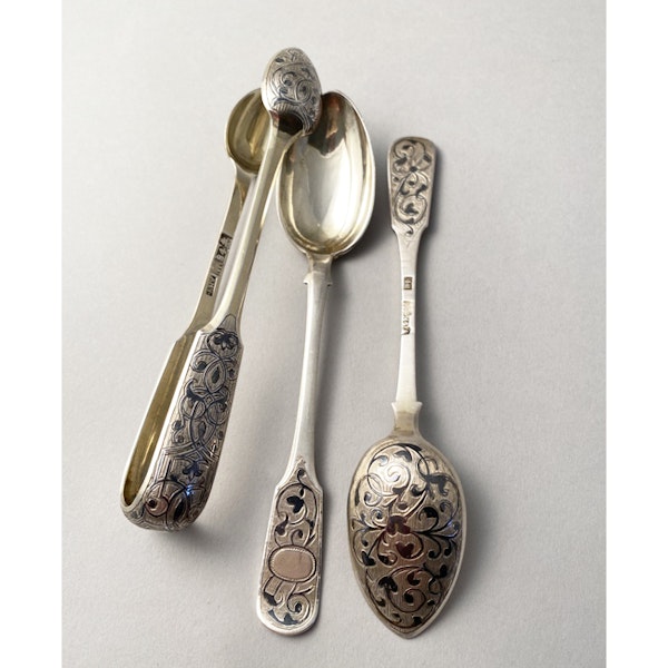 Date Moscow 1866 & 1867, Russian Silver Niello Spoons & Sugar Tongs, SHAPIRO & Co since1979 - image 8