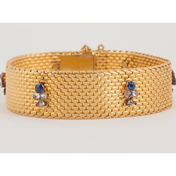 Antique Bracelet 18 Karat Gold with Sapphire and Diamond Trefoils, French circa 1880. - image 1