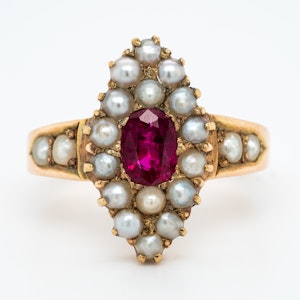 Edwardian ruby and pearl marquis shape ring