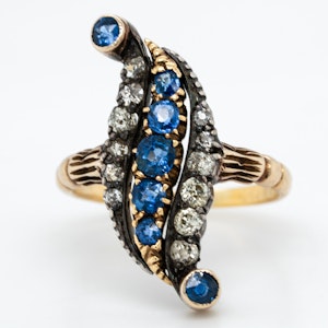 Diamond and sapphire Victorian modified lozenge shaped ring