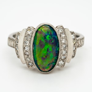 Black opal and diamond retro cluster ring