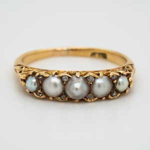 Antique half hoop carved mount pearl and diamond points ring