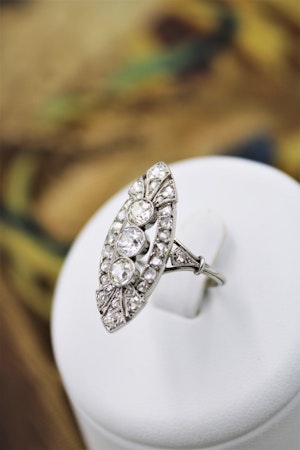 Downstairs at Grays: An exceptional Diamond "Navette" Ring mounted in Platinum with French Import Marks, Circa 1920
