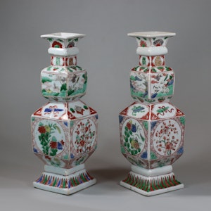 Pair of Chinese famille verte porcelain square-section vases, Kangxi (1662-1722)