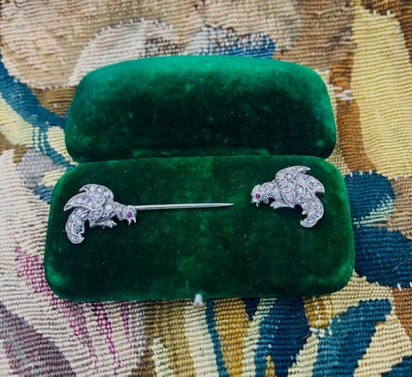 An unusual High Carat Yellow Gold (tested) & Silver Diamond & Ruby Double Cockerel Jabot Pin. Circa 1890 - image 2