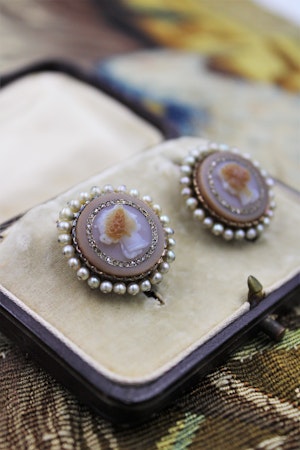 Downstairs at Grays: A very fine pair of Antique Hardstone Cameo Earrings set in High Carat Yellow Gold, Circa 1830