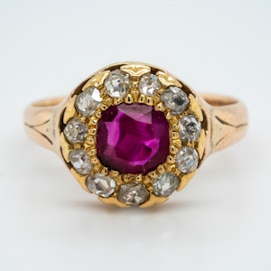 Antique gold ruby and diamond cluster ring