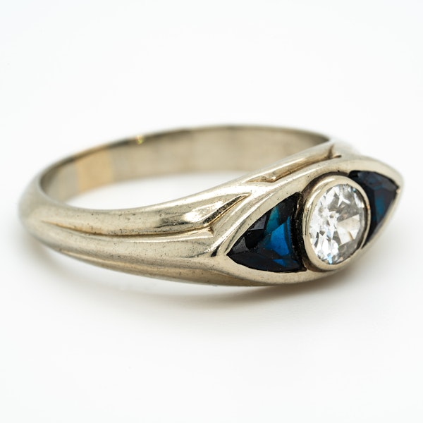 Art Deco diamond and triangular cut sapphires 3 stone ring - image 2