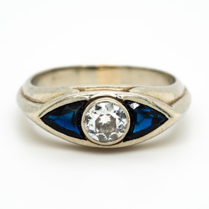 Art Deco diamond and triangular cut sapphires 3 stone ring