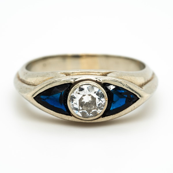Art Deco diamond and triangular cut sapphires 3 stone ring - image 1