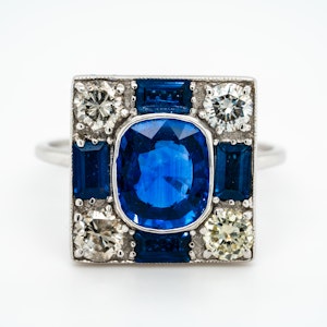 Vintage sapphire and diamond rectangular cluster ring