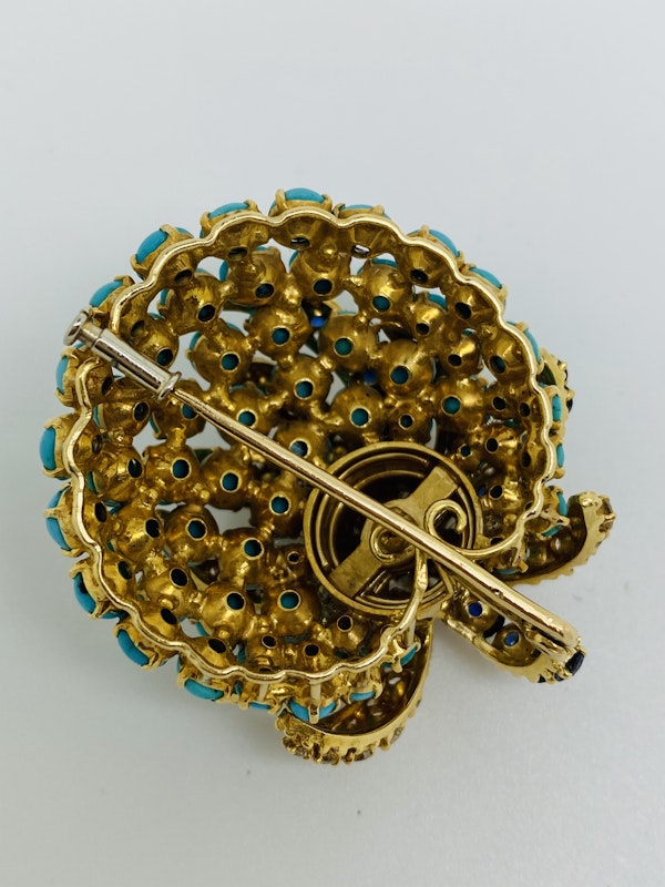 18K yellow gold Diamond, Blue Sapphire and Turquoise Brooch - image 2