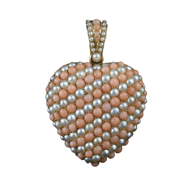 MM6141p Victorian large gold  coral and pearl heart locket 1880c - image 1