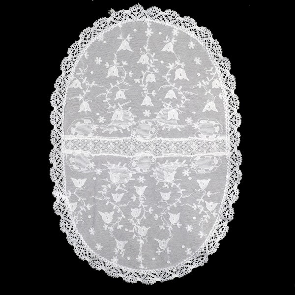 Oval fine embroidered double net and bobbin lace tray cloth,46x30cm - image 2