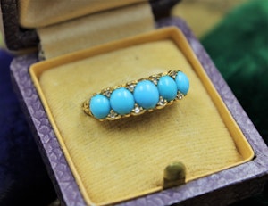 Downstairs at Grays: A Victorian Turquoise & Diamond Five Stone Ring set in 18ct Yellow Gold, English, Circa 1890