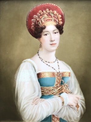 Fedor Liapin, Russian 19th Century, portrait of Sofia Petrovna Svechina on Porcelain Plaque