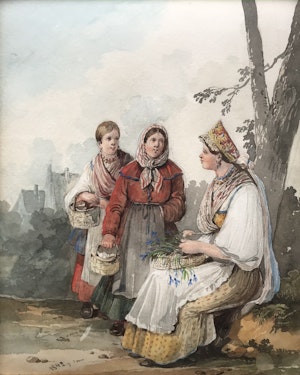 Karl Ivanovich Kollman (Russian 1788-1846). Russian peasants pick up the flowers, watercolour 1842