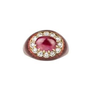 Retro cabochon ruby, diamond and enamel cluster ring