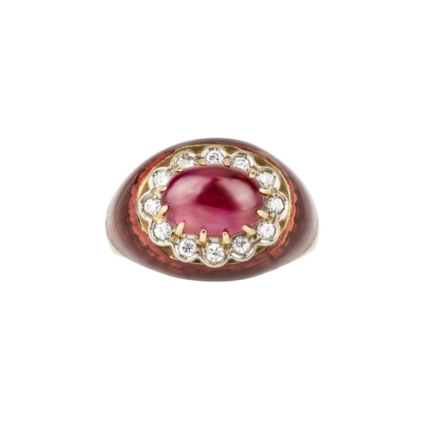 Retro cabochon ruby, diamond and enamel cluster ring - image 1