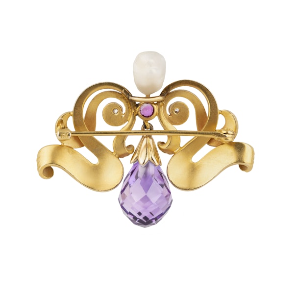 Art Nouveau 10 ct gold diamond, ruby, pearl and amethyst drop brooch - image 2