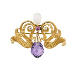 Art Nouveau 10 ct gold diamond, ruby, pearl and amethyst drop brooch