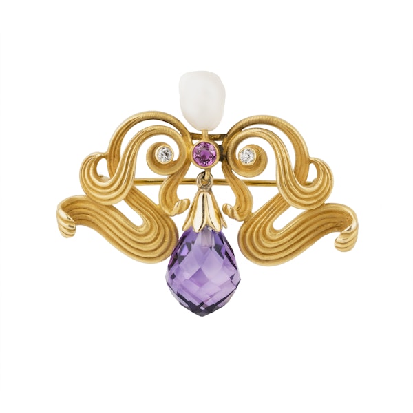 Art Nouveau 10 ct gold diamond, ruby, pearl and amethyst drop brooch - image 1