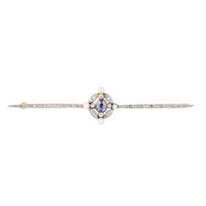 Edwardian diamond, sapphire and pearl bar brooch in 18 ct gold