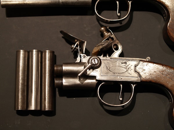 Pair 3 barrelled flintlock pistols - image 2