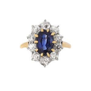 Ceylon Sapphire & Diamond Cluster Ring | 1.67ct Sapphire with 1ct Old European Cuts | English c.1920s