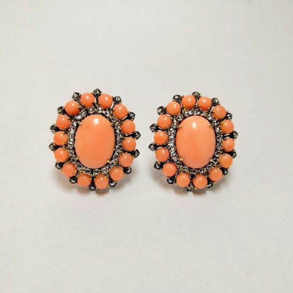 18ct Yellow Gold Coral and Diamond Earrings - image 1