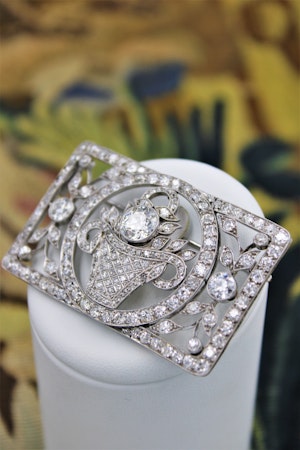 Downstairs at Grays: An exquisite Antique Art Deco Diamond Floral Jardinière Brooch mounted in Platinum, English, Circa 1930