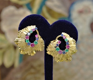 Downstairs at Grays: A very fine pair of Vintage Sapphire, Ruby & Emerald Earrings set in 18ct Yellow Gold, English, Circa 1980