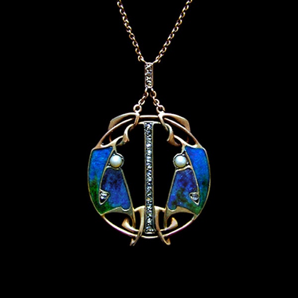Archibald Knox for Liberty & Co. An Arts & Crafts / Art Nouveau gold enamelled pendant set with diamonds & pearls. Circa 1900. - image 1
