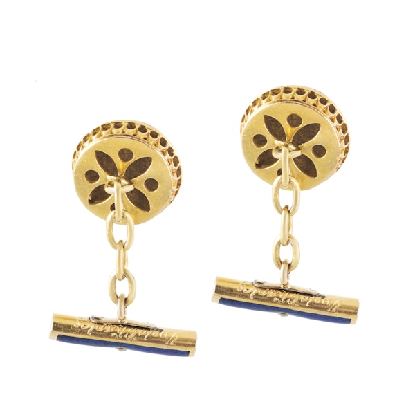 A pair of Blue Enamel Gold Cufflinks with Diamond Collars - image 2