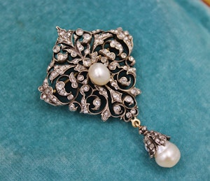 An exceptionally finely worked Natural Pearl & Diamond Brooch/Pendant set in 18ct Yellow Gold & Silver, French, Circa 1870