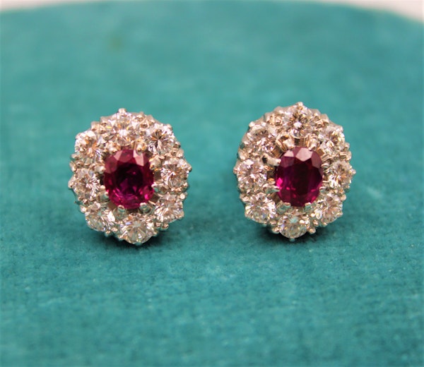 A pair of Natural Burma Ruby and Diamond Cluster Earrings in Platinum and 18ct White Gold, Circa 1950 - image 2