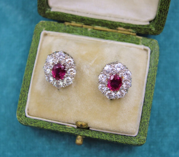 A pair of Natural Burma Ruby and Diamond Cluster Earrings in Platinum and 18ct White Gold, Circa 1950 - image 1