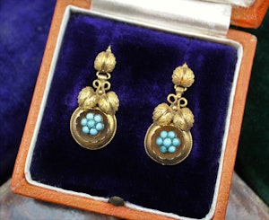 Downstairs at Grays: A fine pair of Antique Victorian Foliate Drop Turquoise Earrings in High Carat Yellow Gold, English, Circa 1870