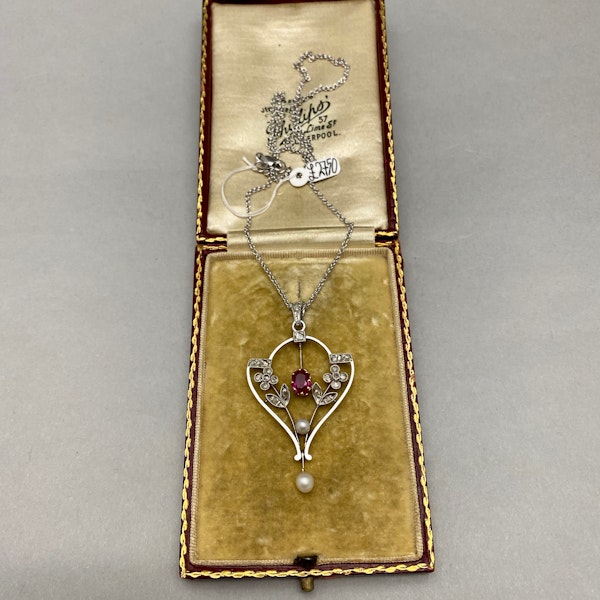 Edwardian Ruby Diamond Pearl Pendant in Platinum & 18ct Yellow Gold date circa 1900 SHAPIRO & Co since1979 - image 6